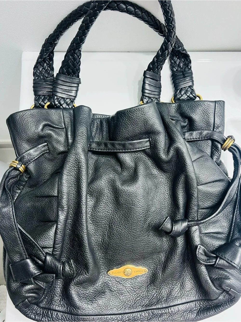 Elliott Lucca Black Pebbled Leather Braided-Handle Shoulder Bag